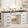 58' Executive Desk with 7 Drawers, Large Computer Desk with Charging Station , Wood Home Office Desk with File Drawer for Letter/A4 Size Hanging Files for Home Office,Rustic White and Rustic Black