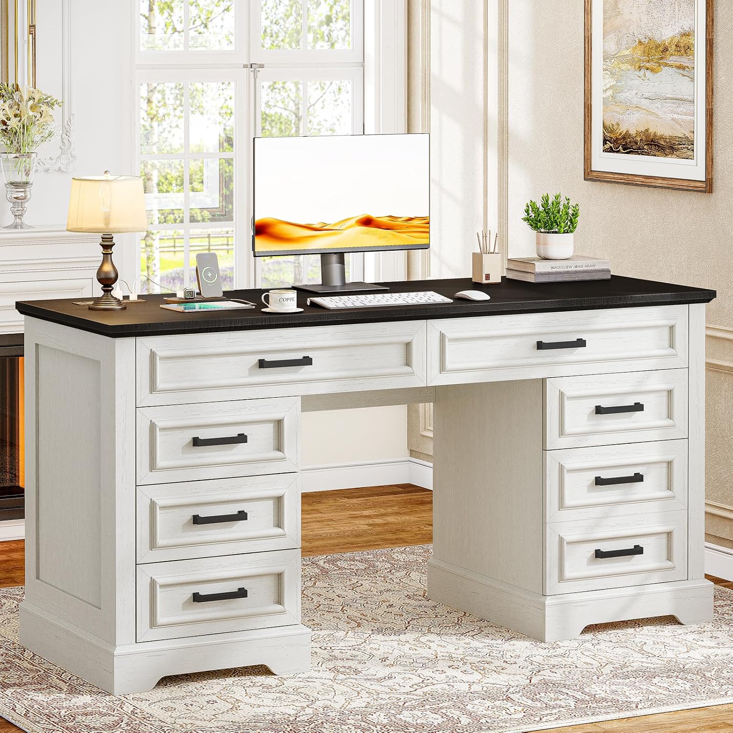 58' Executive Desk with 7 Drawers, Large Computer Desk with Charging Station , Wood Home Office Desk with File Drawer for Letter/A4 Size Hanging Files for Home Office,Rustic White and Rustic Black