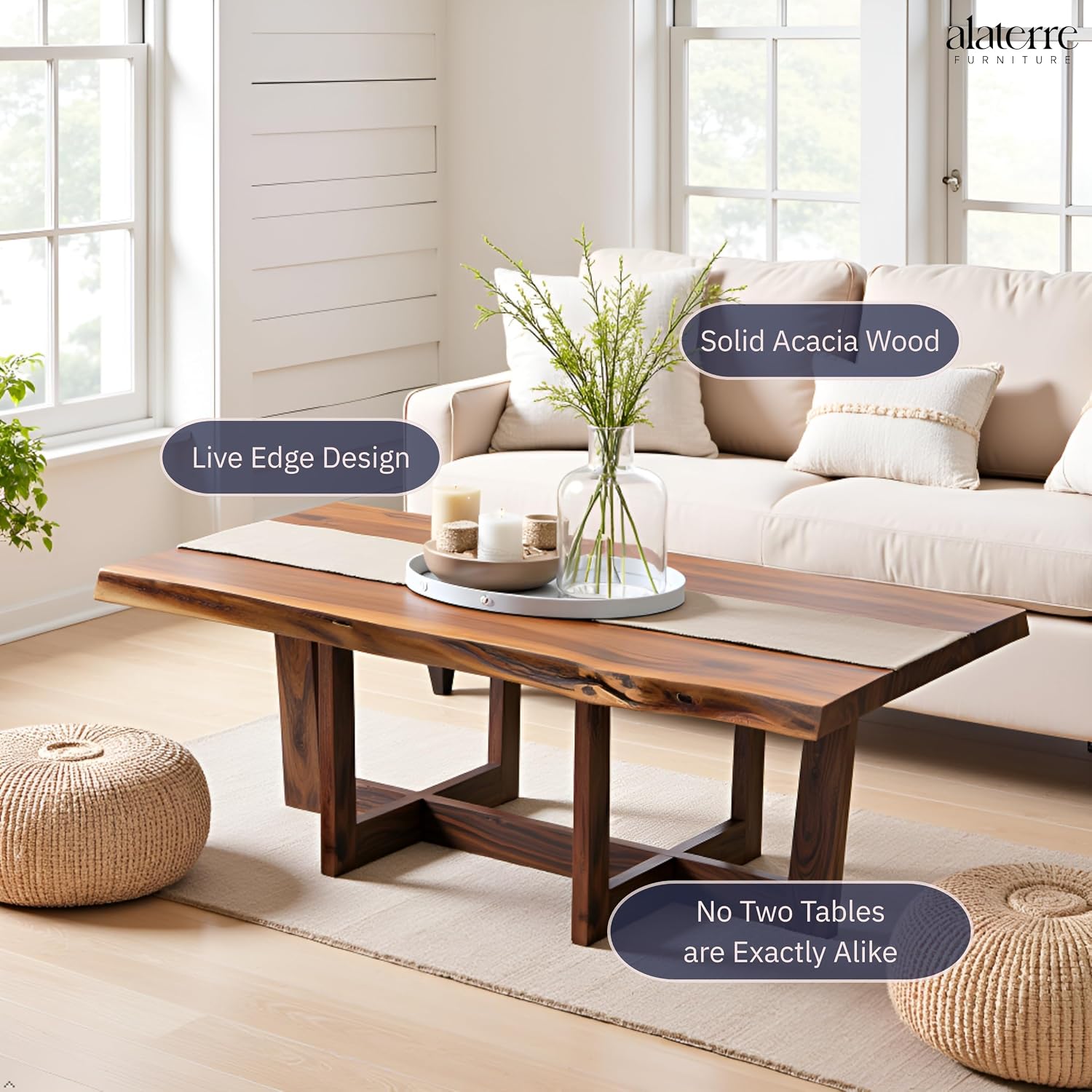 Berkshire 48-Inch Live Edge Acacia Wood Coffee Table – Handcrafted Natural Wood with Floor Protectors – Large Modern Industrial Farmhouse Accent Table by Alaterre Furniture