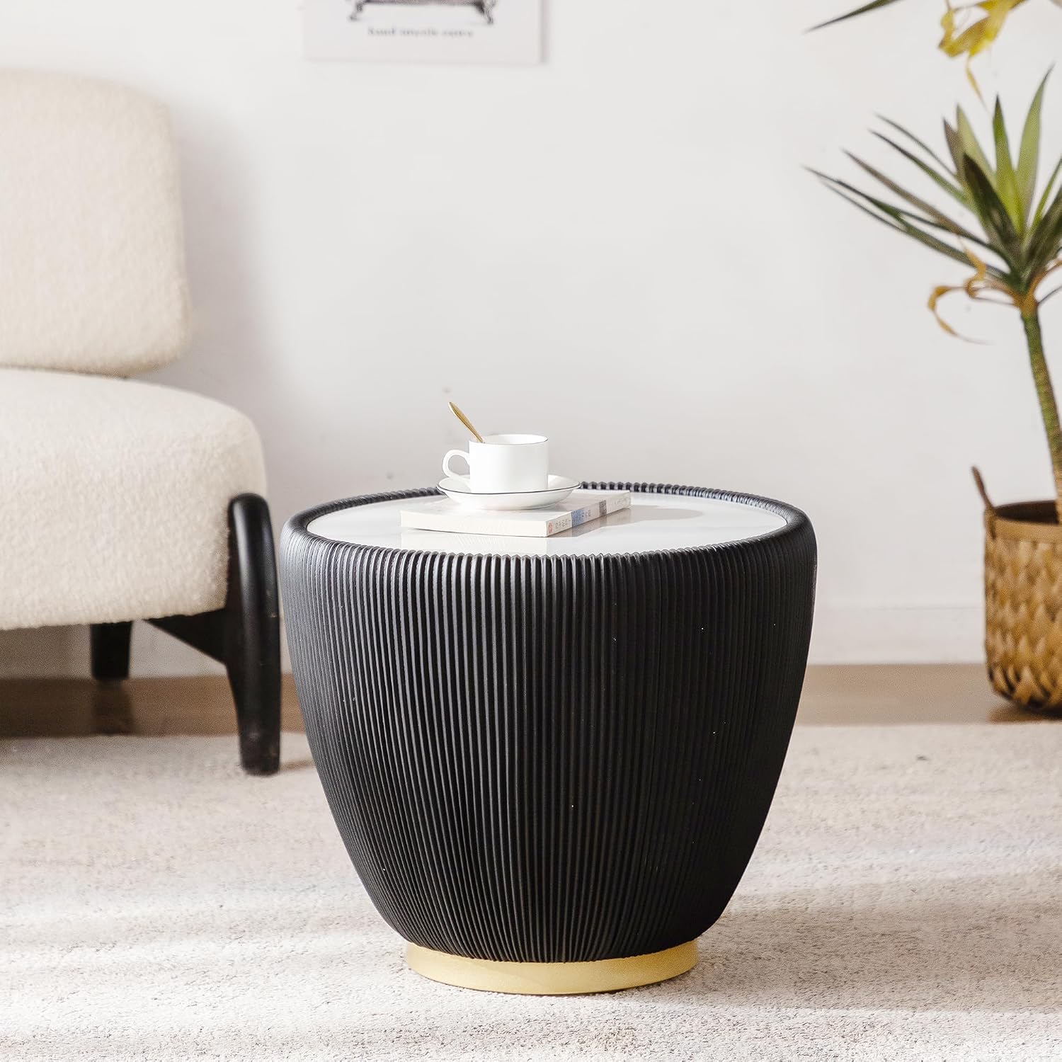 Modern Round Coffee Table Set of 2 Luxury Sintered Stone Top Coffee End Table in White/Black Leatherette Creative Bowl-Shape Small Coffee Side End Tables for Living Room Bedroom