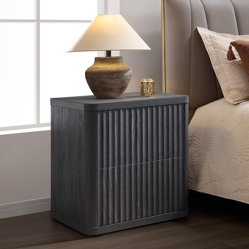 SICOTAS Night Stand Set of 2 Nightstands with 2 Drawers Storage Bedside Table Large Fluted Bed Side End Table Modern 24.4' Tall Wide Night Stands for Bedroom Living Room Sofa Couch Office