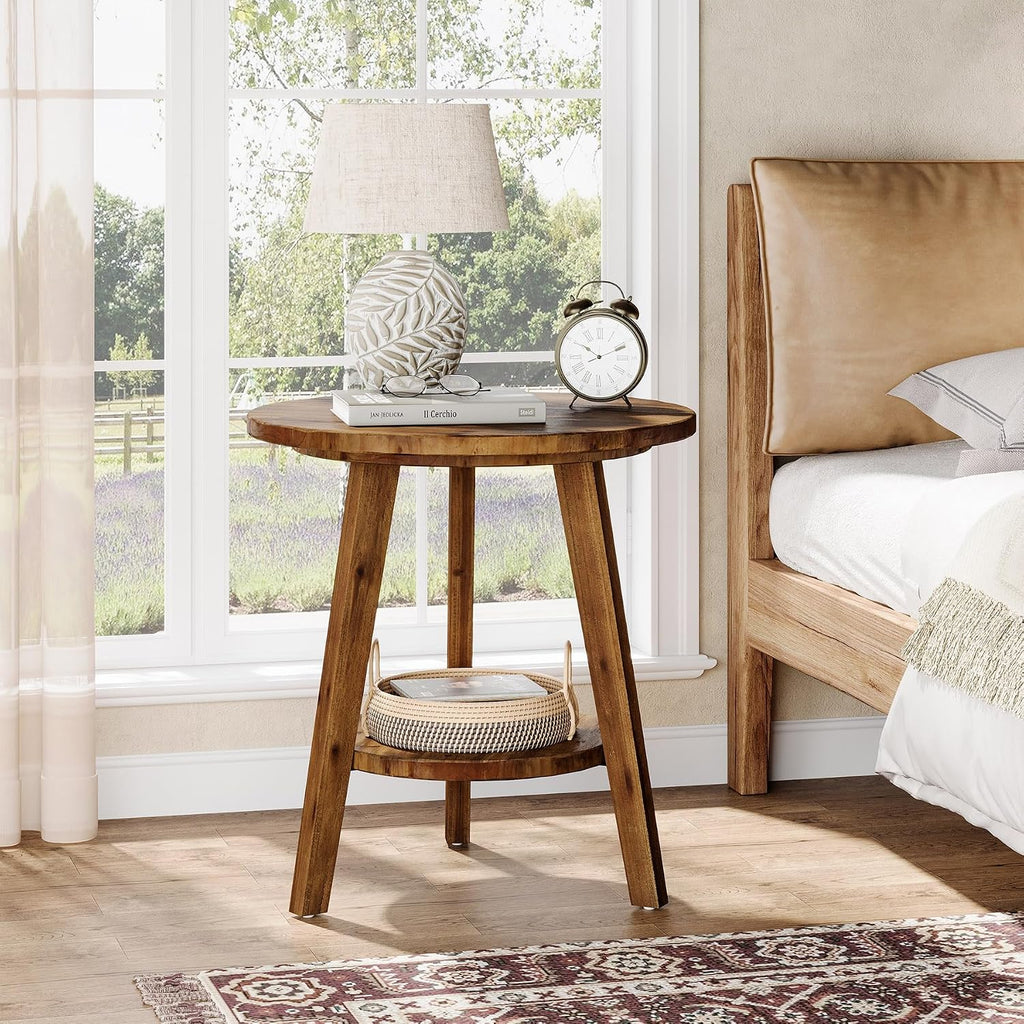 Solid Wood Round End Table Set of 2, Sofa Side Table with Storage Shelf, Farmhouse Nightstand for Living Room, Bedroom, Easy Assembly (Natural, 2 PCS)