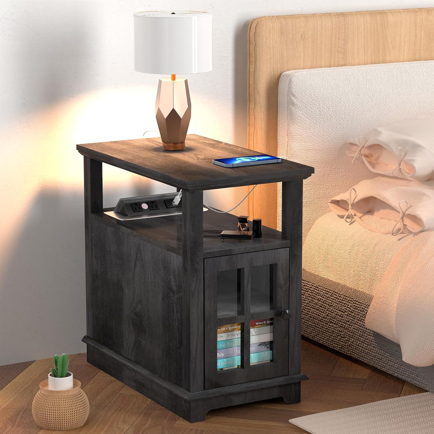 FAGAGA End Table, End Tables Living Room, Storage End Tables, Side Table with Charging Station, Charging Nightstand for Bedroom/Living Room/Office