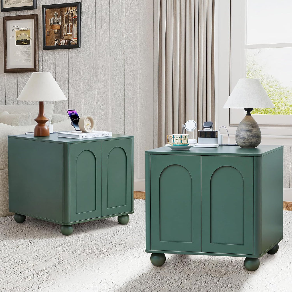 Bed Side Table Set of 2 with Charging Station, Mid Century Modern Nightstand with 2 Doors, Square End Table with Storage for Couch,Living Room, Sofa Side Table for Office,Dorm - Green