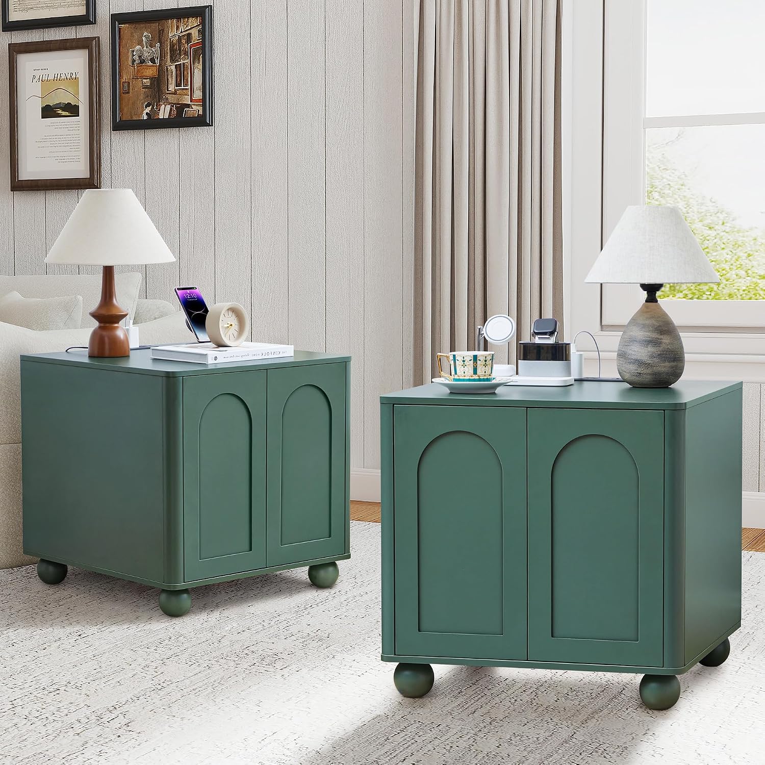 Bed Side Table Set of 2 with Charging Station, Mid Century Modern Nightstand with 2 Doors, Square End Table with Storage for Couch,Living Room, Sofa Side Table for Office,Dorm - Green