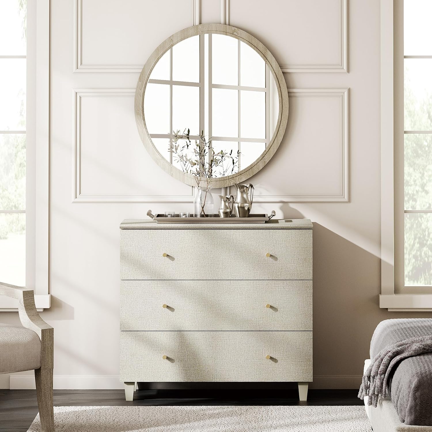 WAMPAT 3-Drawer Nightstand, Modern Wood Bedside Table with Wide Drawers, Large Storage Sofa Side End Table for Bedroom or Living Room, Beige Linen Textured, 35 Inches Wide