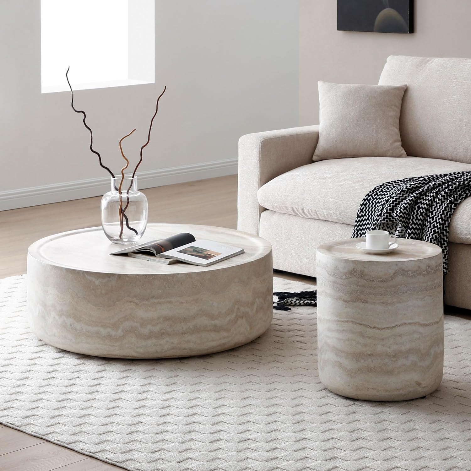 Modern Drum-Shape Side End Table for Living Room 15.74' Round Sofa Side Table Light Sand Color Circle Small Coffee Table for Home Office, Fully Assembled
