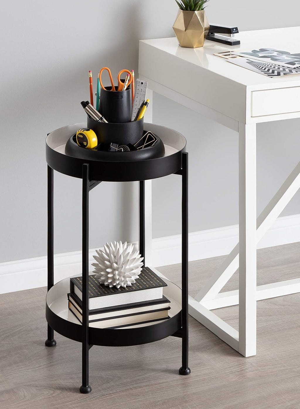 Kate and Laurel Nira Two-Tiered Modern Side Table, 15' x 15' x 24', White and Black, Chic Contemporary End Table for Storage and Decor