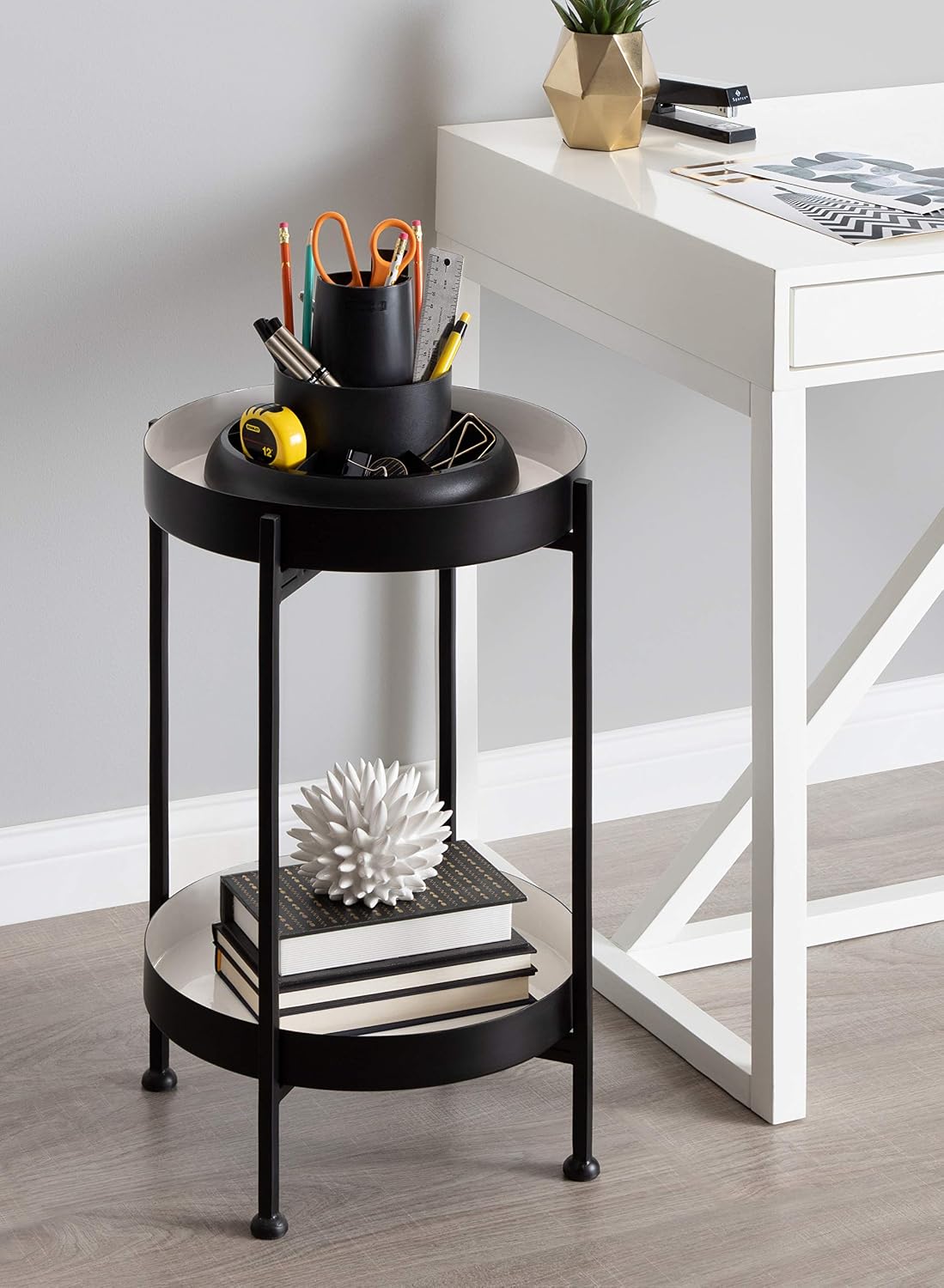 Kate and Laurel Nira Two-Tiered Modern Side Table, 15' x 15' x 24', White and Black, Chic Contemporary End Table for Storage and Decor