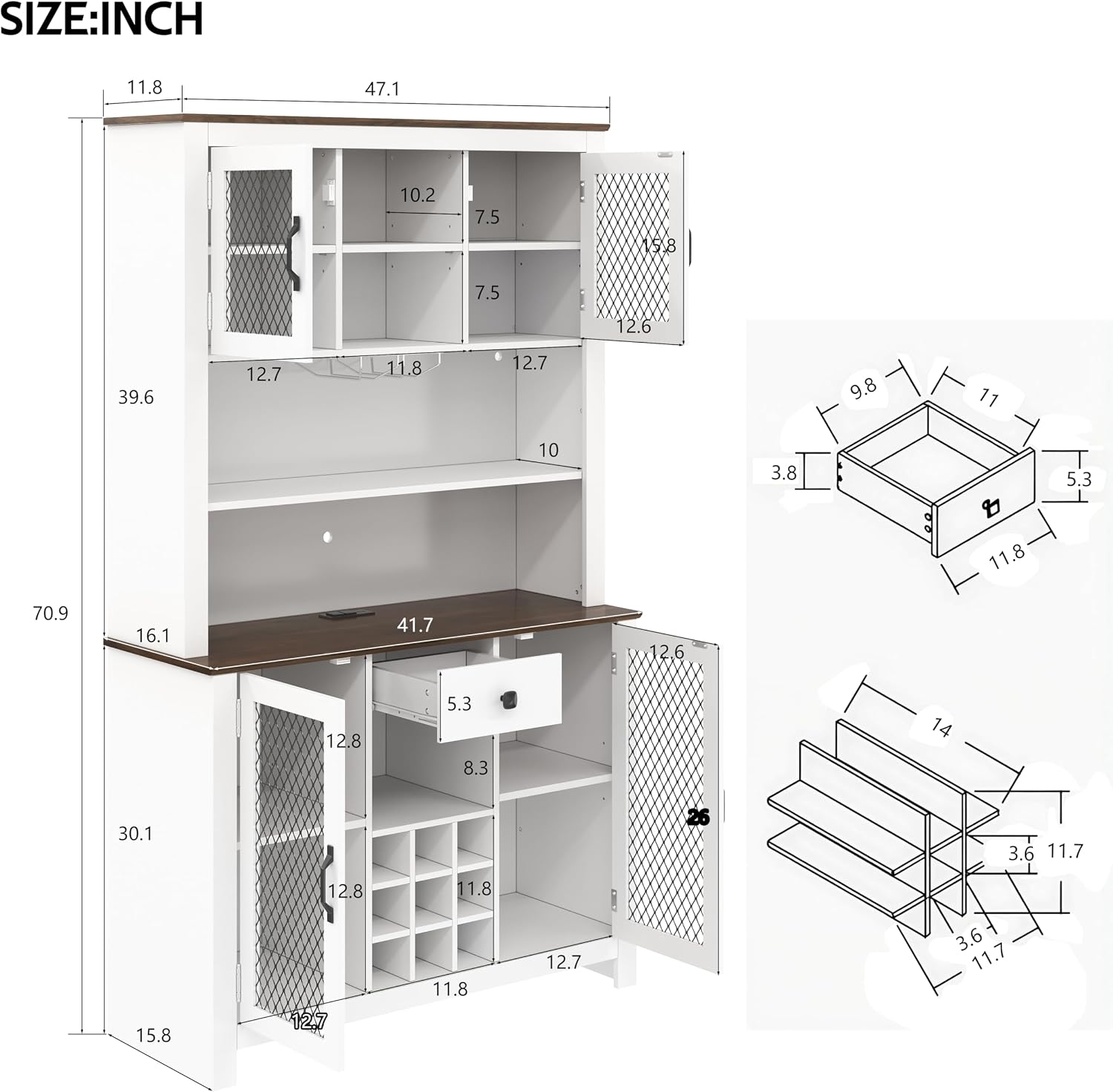 GDFStudio 70.9' Kitchen Pantry Storage Cabinet with LED,Outlets & USB,Rustic Farmhouse Buffet Hutch Cabinet with Countertop,Wine Rack,Glass Holder,Adjustable Shelves,Food Pantry Storage Cabinet,White