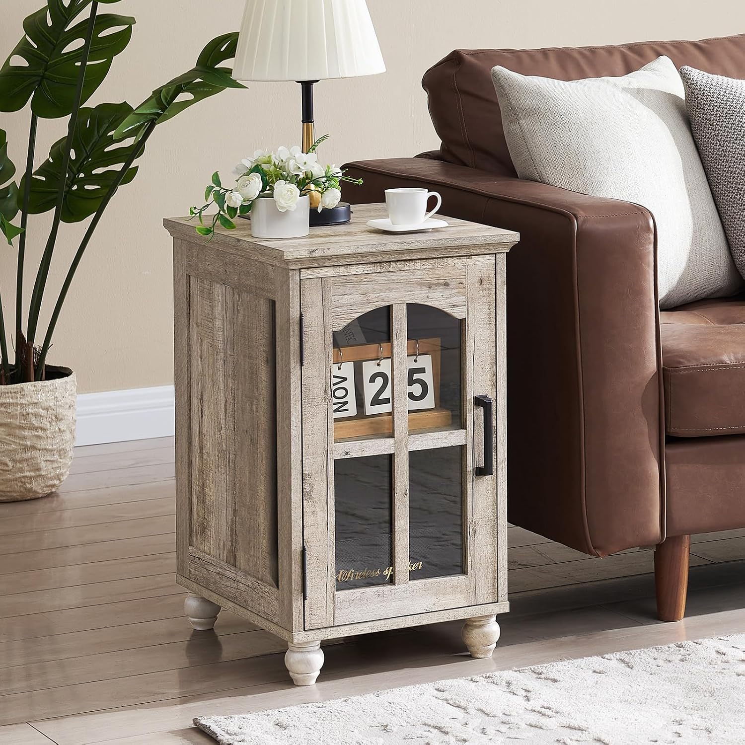 RWYHG Farmhouse End Table Set of 3 with Charging Station, 18'' Narrow Side Table and 24' Large Sofa Side Table with Glass Barn Door Storage, Wood Night Stand Bedside Table for Living Room,Bedroom