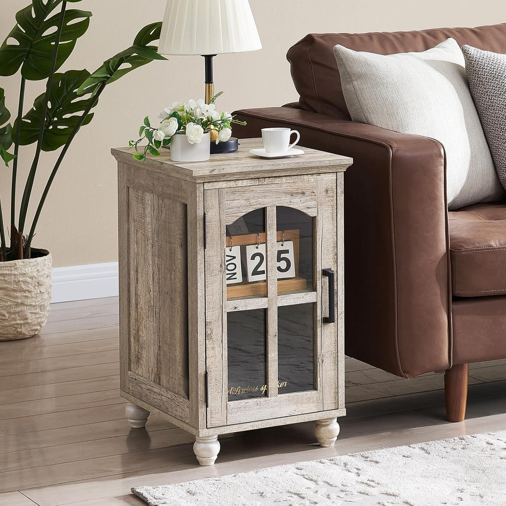 RWYHG Farmhouse End Table Set of 2 with Charging Station, 18'' Narrow Side Table and 24' Large Sofa Table with Glass Barn Door Storage, Wood Night Stand Bedside Cabinet for Living Room,Bedroom