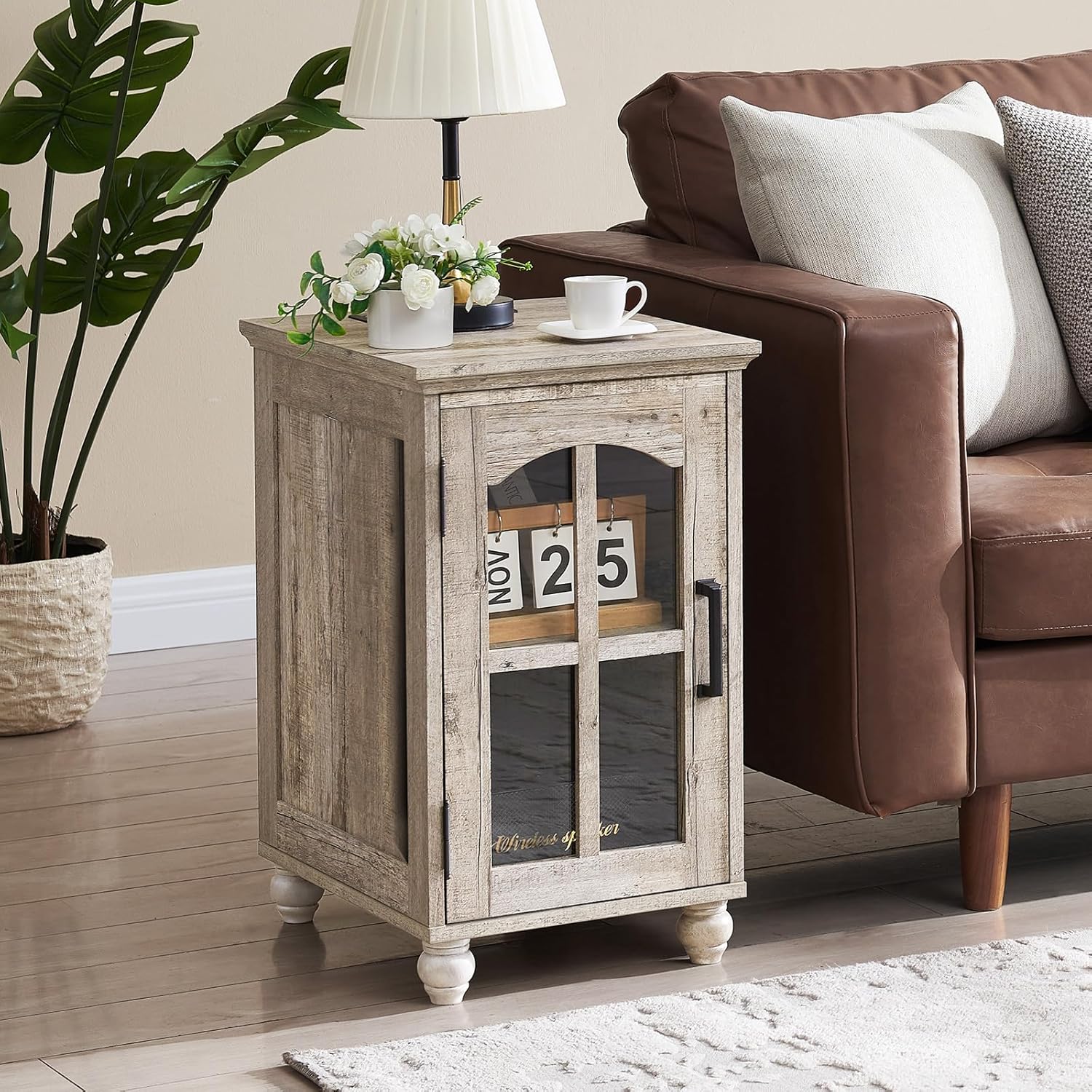 RWYHG Farmhouse End Table Set of 2 with Charging Station, 18'' Narrow Side Table and 24' Large Sofa Table with Glass Barn Door Storage, Wood Night Stand Bedside Cabinet for Living Room,Bedroom