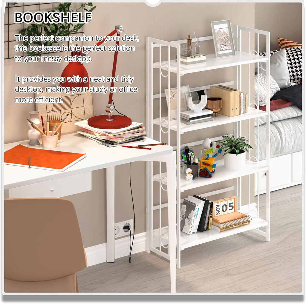4NM No Assembly 4 Tiers Folding Bookshelf, 47.2' H Foldable Storage Shelves Vintage Bookcase Standing Racks Study Organizer Home Office - All White