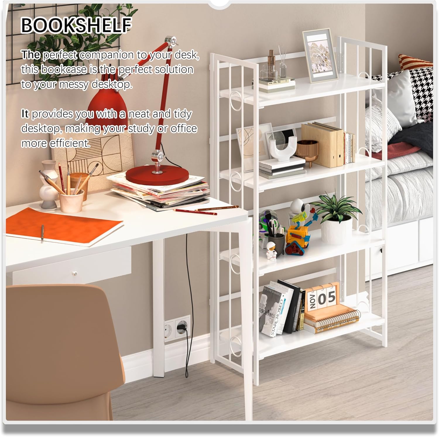 4NM No Assembly 4 Tiers Folding Bookshelf, 47.2' H Foldable Storage Shelves Vintage Bookcase Standing Racks Study Organizer Home Office - All White