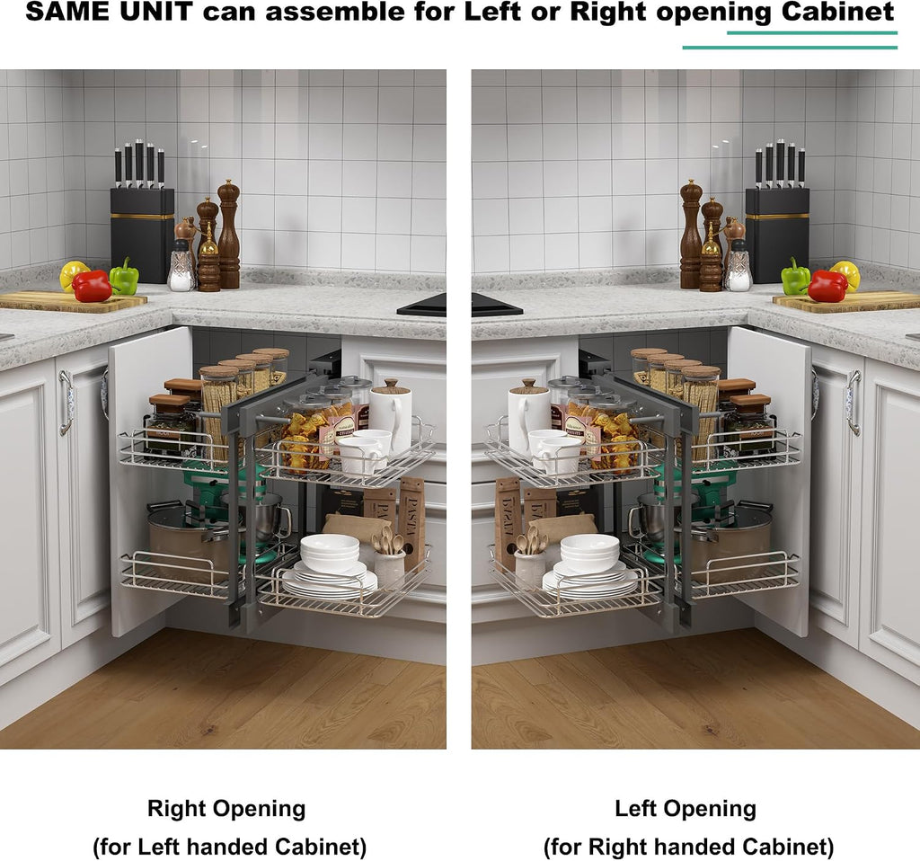 Blind Corner Cabinet Pull Out 2 Tier 4 Shelves Magic Corner Kitchen Cabinet Pull Out Shelf Organzier Soft Close Bottom Mount Min Opening 15in，Metal