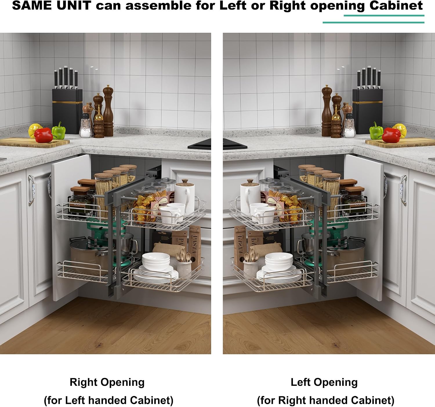 Blind Corner Cabinet Pull Out 2 Tier 4 Shelves Magic Corner Kitchen Cabinet Pull Out Shelf Organzier Soft Close Bottom Mount Min Opening 15in，Metal