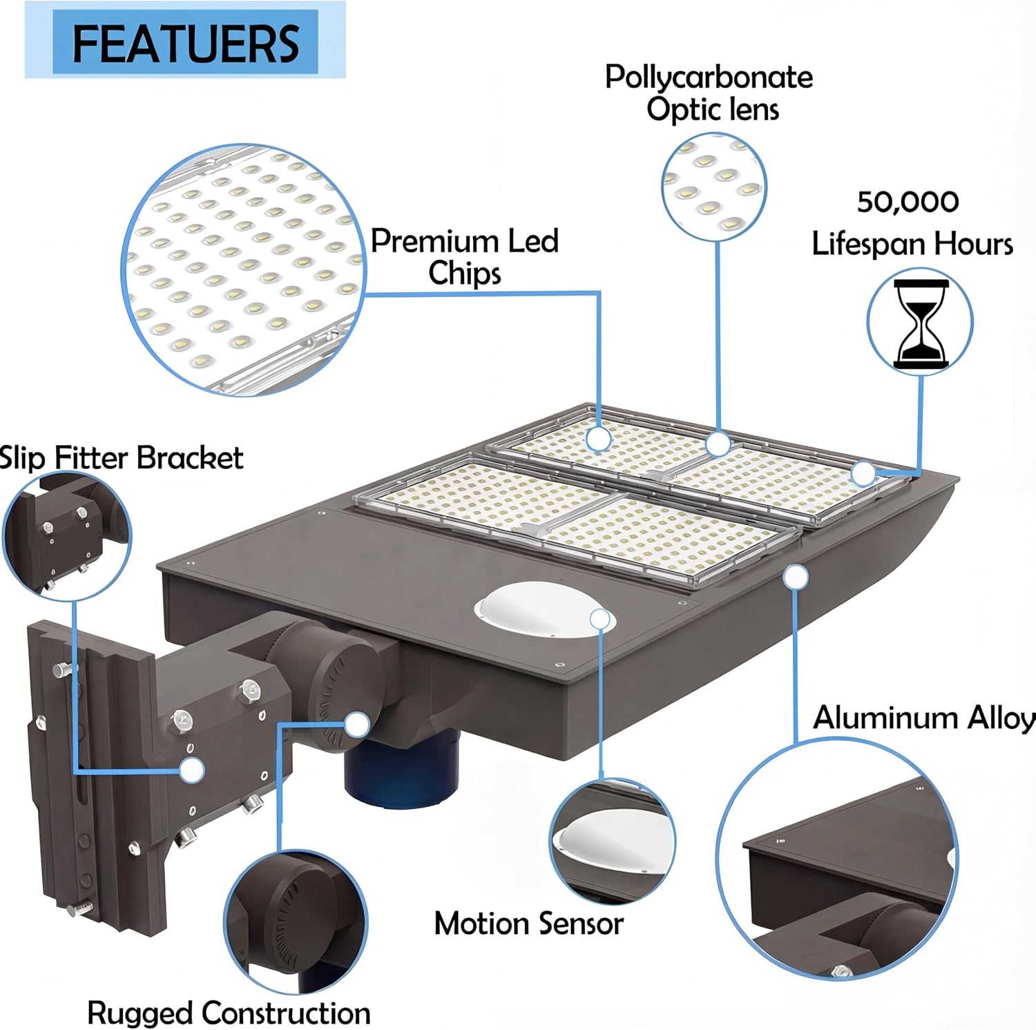 LEDMyplace Pole Lights 300W LED Parking Lot Light with Dusk to Dawn Motion Sensor Outdoor Lights, 42000LM, 5700K, Waterproof Commercial Steet & Area Lighting for Sports, Stadium