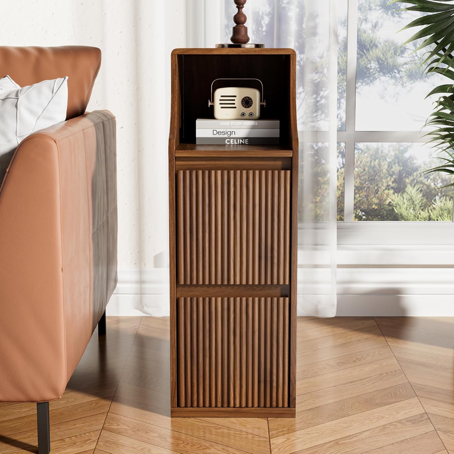Fluted Narrow Nightstand Set of 2, Mid Century Modern Small Bedside Table with 2 Drawers, Wooden Skinny Vintage Side Table, Night Stand, Slim End Table for Bedroom, Walnut, Brown