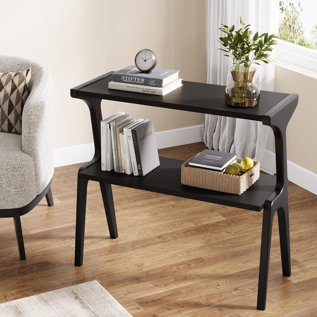 Tribesigns Set of 2 Solid Wood End Table, Modern Side Table for Couch, 2-Tier Narrow Tall End Table, Long Bedside Table for Living Room, Bedroom, Black