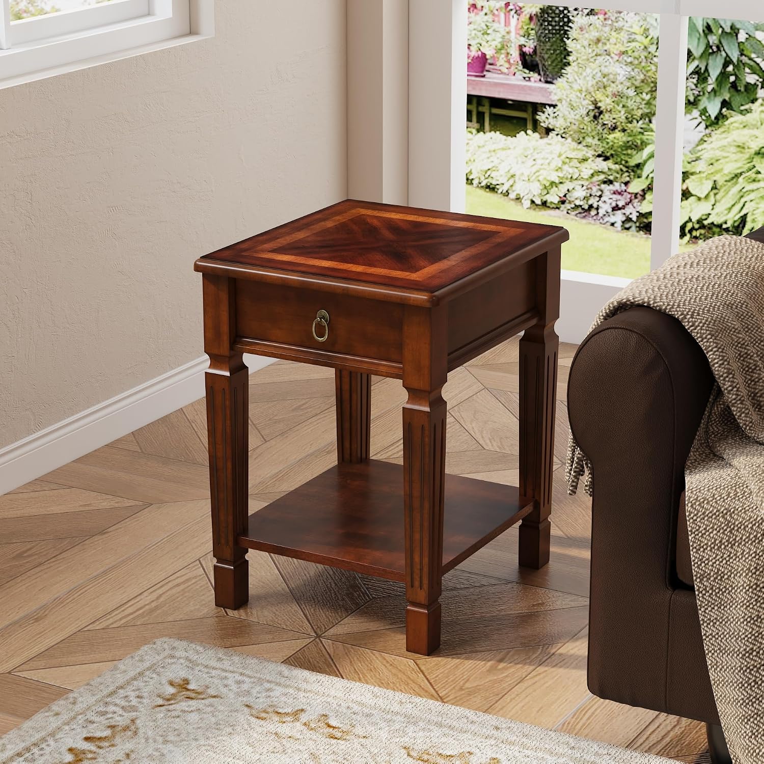 End Side Table Set of 2 with Storage Drawer and Shelf, Farmhouse Sofa Beside Table with Carved Wood Legs, 21.9'H Nightstand for Living Room, Square Corner Tables, Easy Assembly, Dark Cherry BZ-D1258