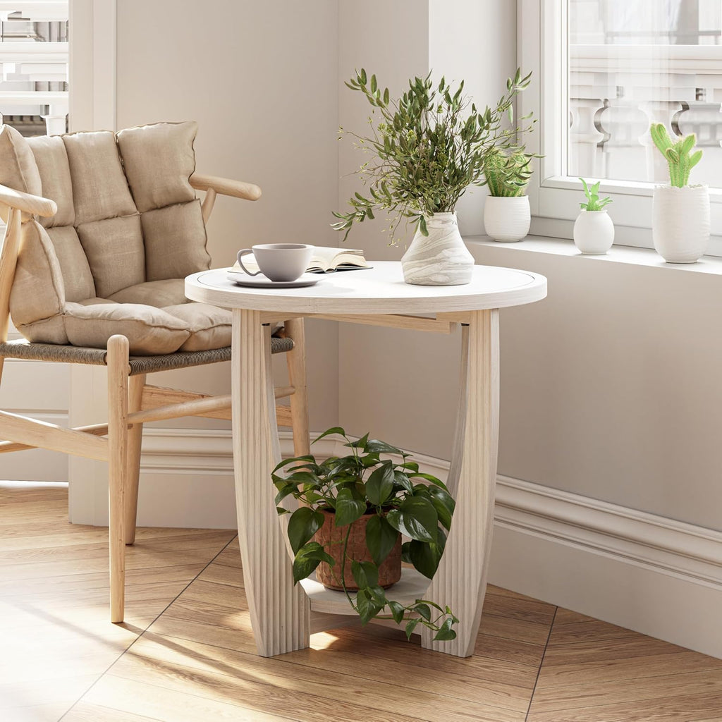 COZAYH Rustic Farmhouse end Table X 2P with Storage Shelf, French Country Accent Side Table for Family, Dinning or Living Room, Small Spaces, Modern, Round, White