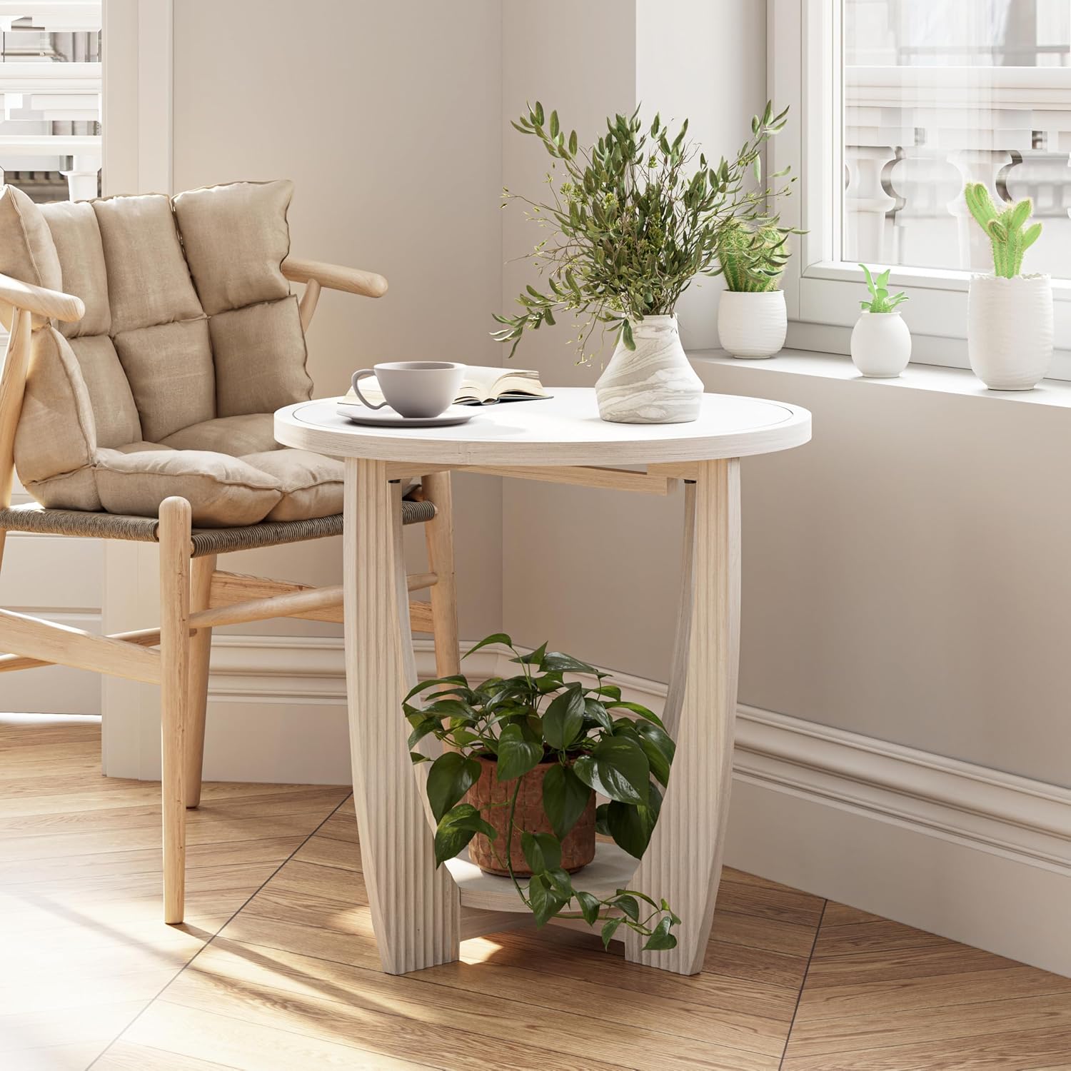 COZAYH Rustic Farmhouse end Table X 2P with Storage Shelf, French Country Accent Side Table for Family, Dinning or Living Room, Small Spaces, Modern, Round, White