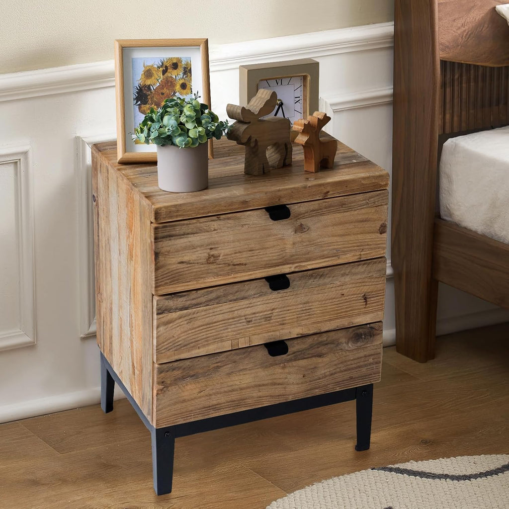 Wnutrees Farmhouse Nightstand Wood Bedside Table with 3-Drawers Bedside End Tables Storage for Living Room, Hallway, Handmade Distressed, Natural, Set of 2