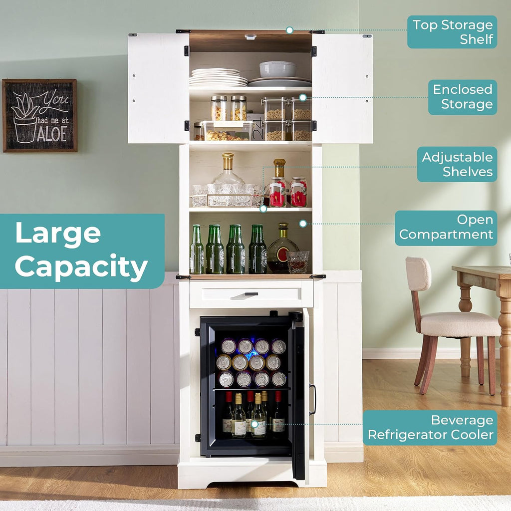 LUXOAK Tall Bar Cabinet with Fridge Included, 69' Farmhouse Liquor Cabinet with Storage Drawers & Adjustable Shelves, Coffee Bar Cabinet for Home bar, Dining Room, Living Room