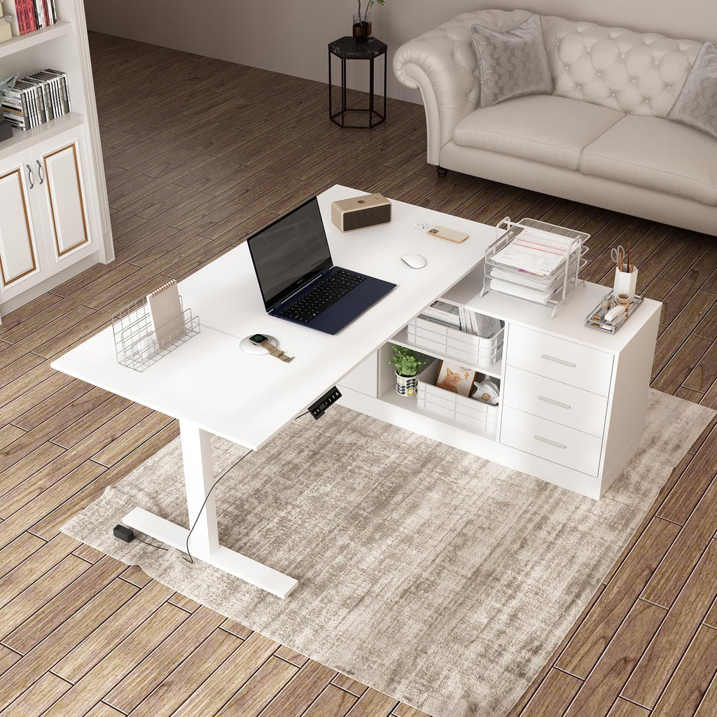 AGOTENI 63' W L Shaped Standing Desk with Cabinet, Electric Height Adjustable & Reversible Corner Computer Desk with Drawers & Storage Shelves for Home Office, White
