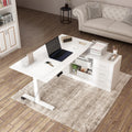 AGOTENI 63' W L Shaped Standing Desk with Cabinet, Electric Height Adjustable & Reversible Corner Computer Desk with Drawers & Storage Shelves for Home Office, White