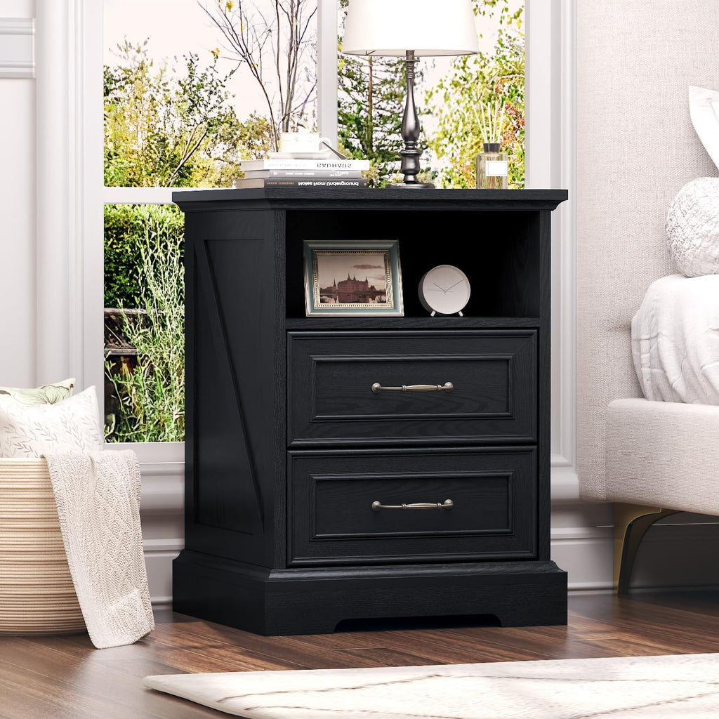 Nightstand with Charging Station Set of 2,18' Wide End Table with 2 Large Drawers & Metal Handles,Farmhouse Wood Small Dresser,Bedside Table,Modern Chest of Drawers for Bedroom,Living Room,Black