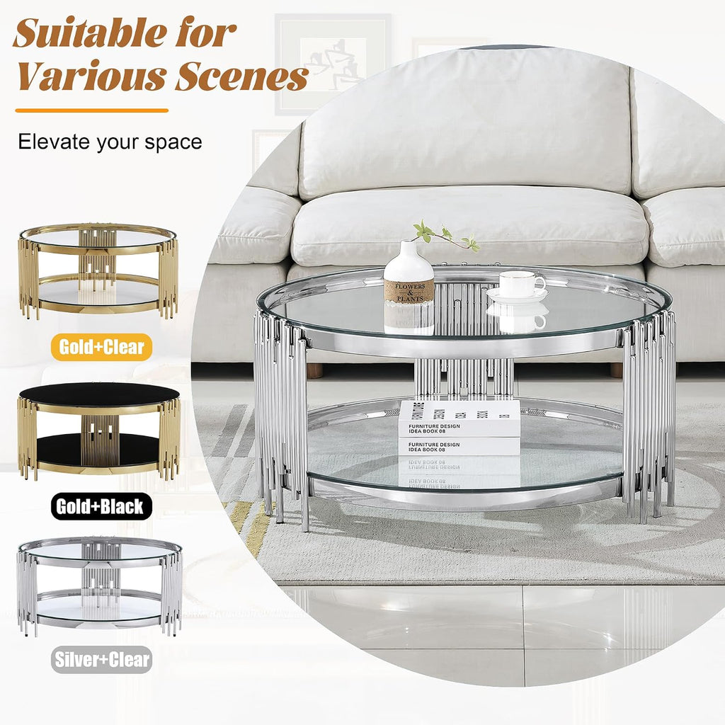 Round Glass Coffee Table Set of 3, Silver Living Room Table Set with Coffee Table and 2 End Table, 2-Tier Glass Table with Stainless Steel Legs and Clear Tempered Glass for Living Room