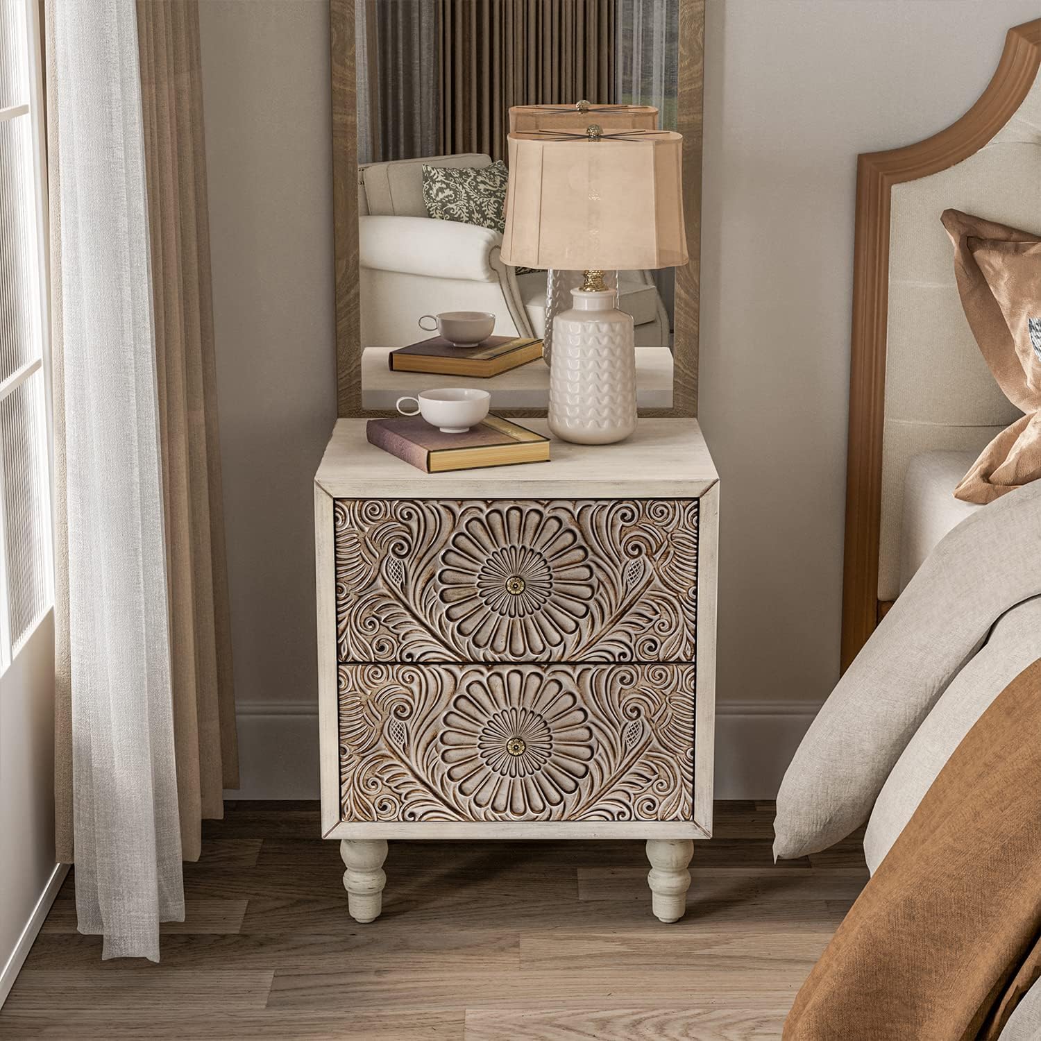 COSIEST 2 Pieces Nightstand, 14' D x 18' W x 21.5' H MDF End Table with 2 Drawers, Vintage Style Wood Bedside Table, Bedroom Accessories for Home, Office, College Dorm