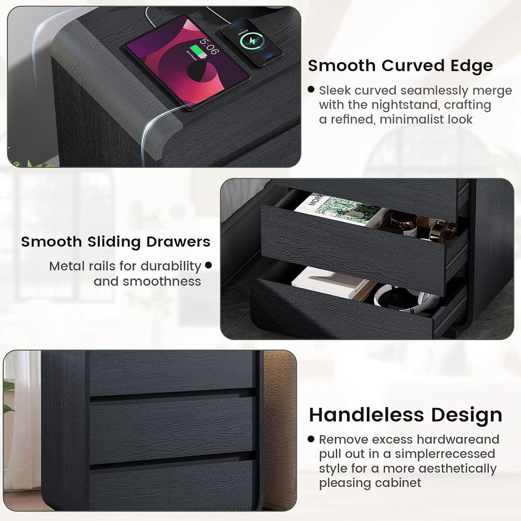 Standifurno Black Curved Night Stand Set of 2 with Charging Station, 25' Tall Wood Bedside Table Nightstand with 3 Storage Drawers, Mid Century Modern End Table for Bedroom, Office