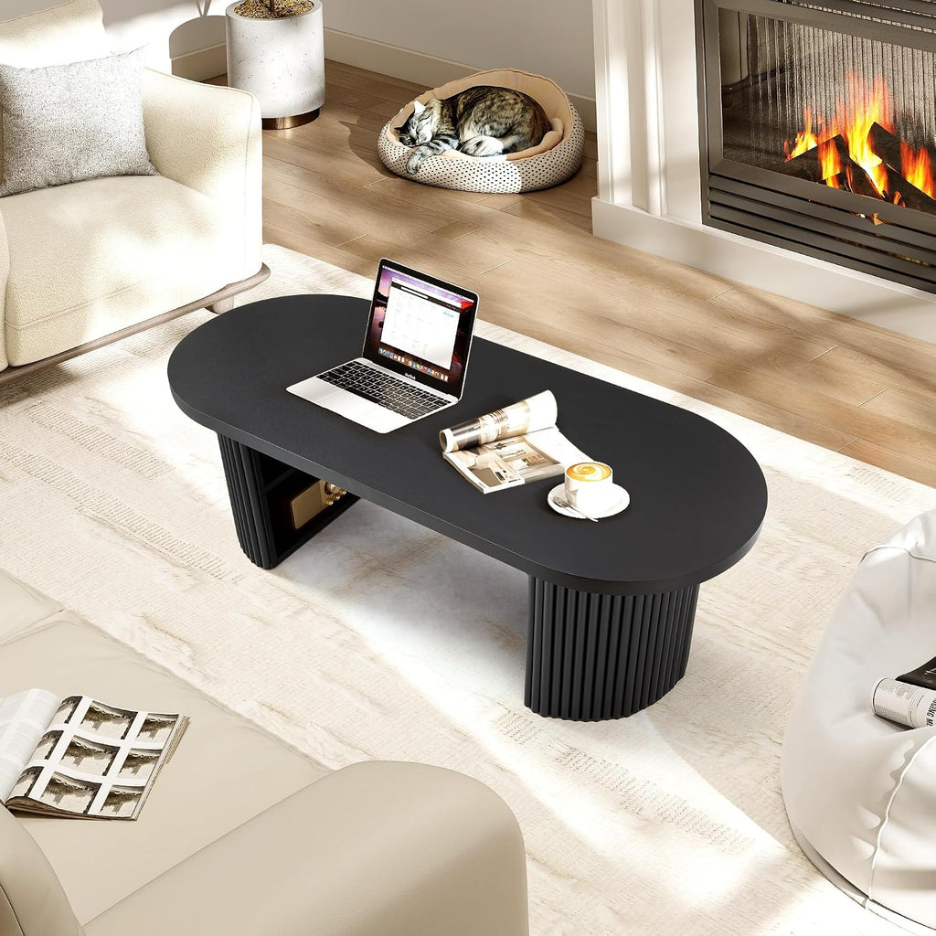 Oval Fluted Coffee Table, 47' Farmhouse Wood Coffee Table Mid Century Modern Center Table Boho Living Room Tables for Living Room Office,Black