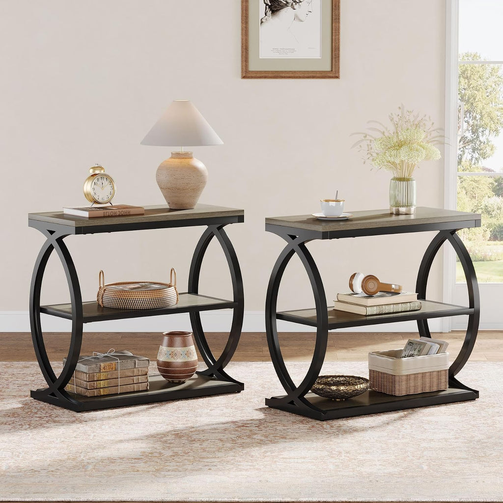 Tribesigns End Table Set of 2, Narrow 3-Tier End Table for Living Room, Industrial Wooden Side Table with Metal Frame, Small Bedside Nightstand for Bedroom, Small Spaces, Grey