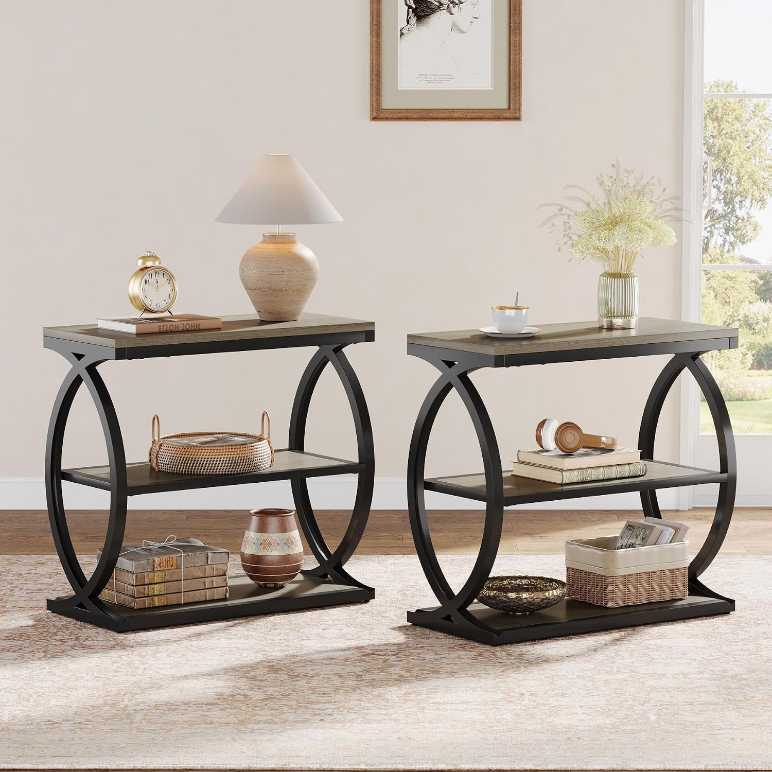 Tribesigns End Table Set of 2, Narrow 3-Tier End Table for Living Room, Industrial Wooden Side Table with Metal Frame, Small Bedside Nightstand for Bedroom, Small Spaces, Grey