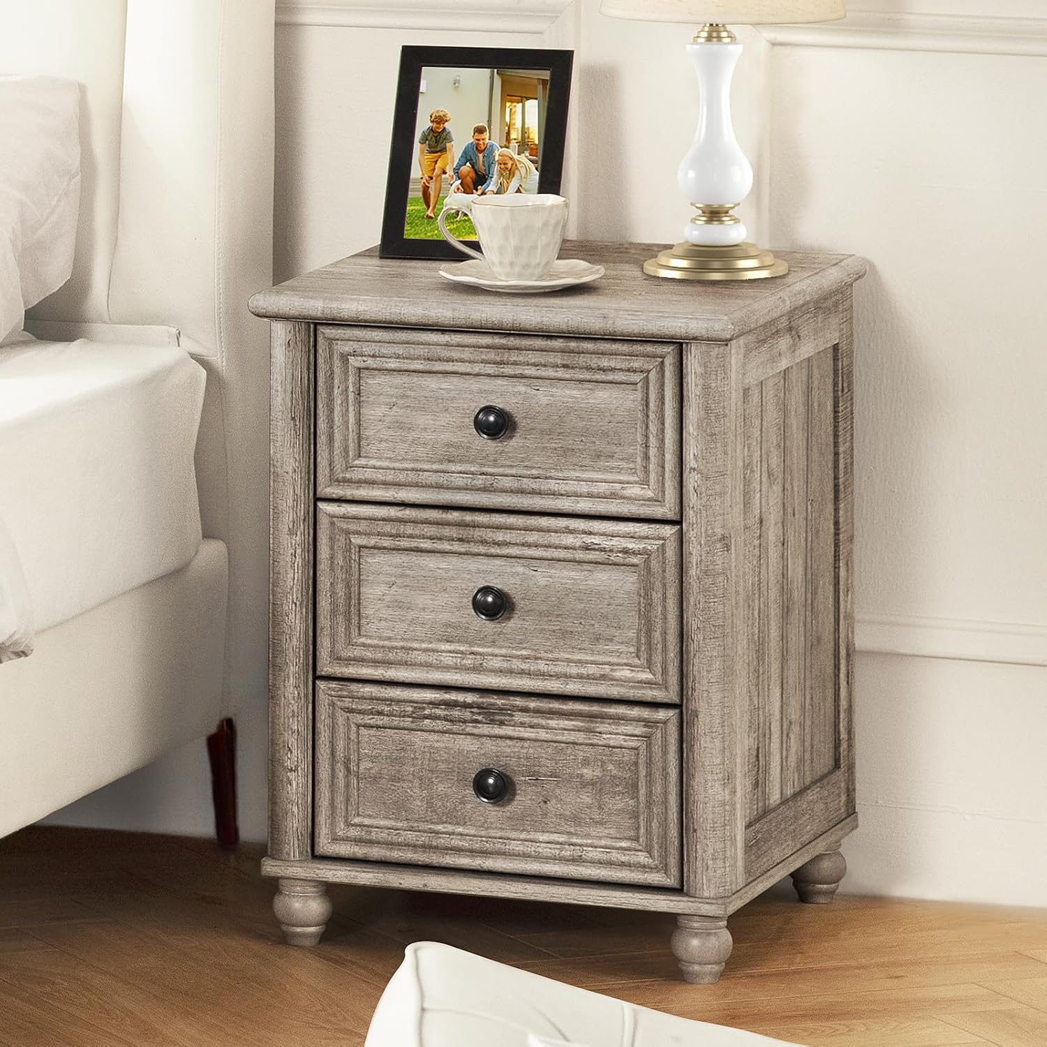 RWYHG 18' Farmhouse Night Stand Set of 2, Gray Wood Nightstand with 3 Drawers, Bedside End Table with Storage and Roman Column, Bed Side Tables Cabinet for Bedroom, Living Room, and Closet