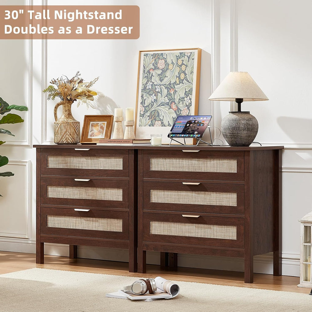 LEYAOYAO 31.5' Wide Rattan Night Stand with Charger Station, Large Boho 3 Drawer Nightstand, Retro Walnut Bedside Table with Storage, 30' Tall Bed Side End Tables for Bedroom, Living Room, Hallway