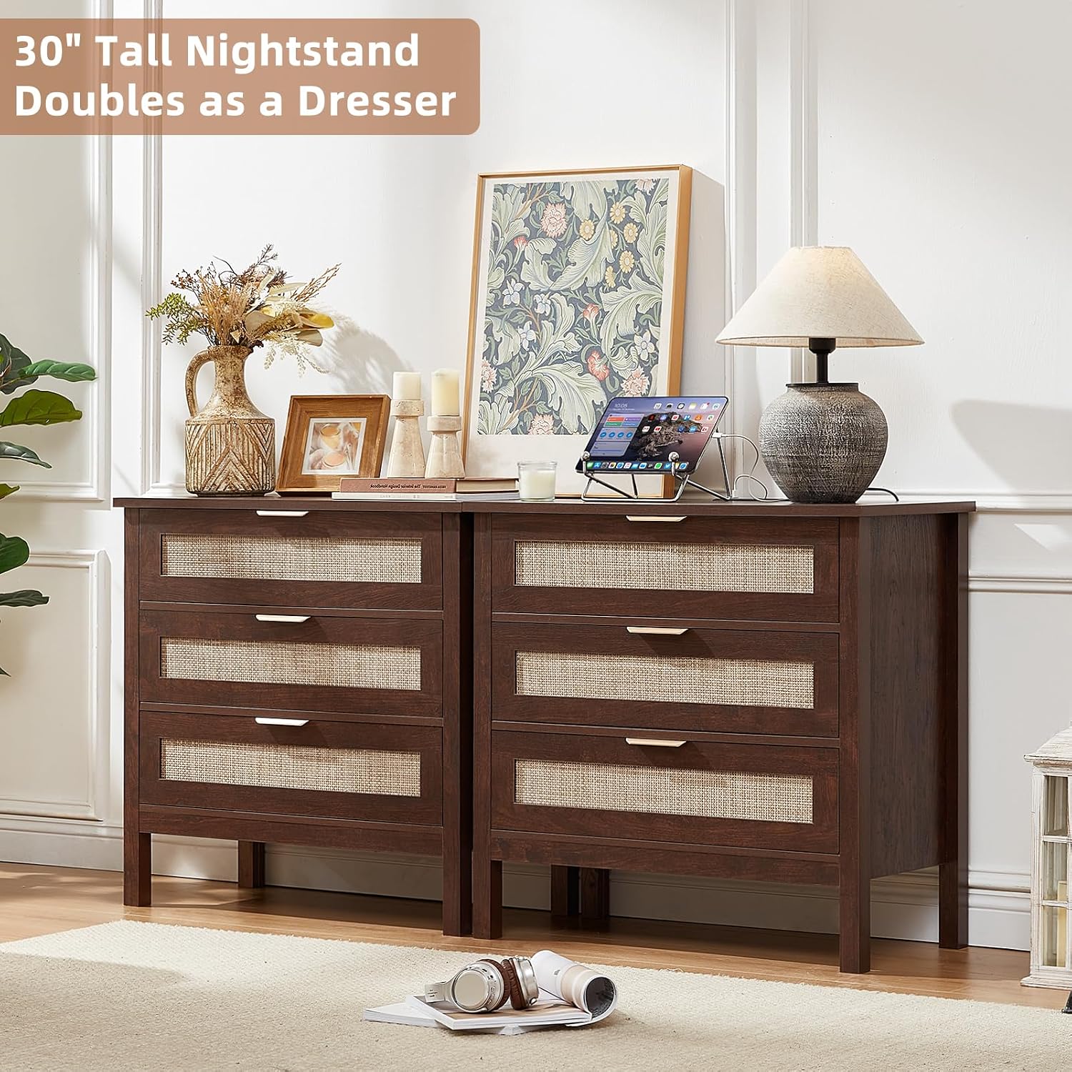 LEYAOYAO 31.5' Wide Rattan Night Stand with Charger Station, Large Boho 3 Drawer Nightstand, Retro Walnut Bedside Table with Storage, 30' Tall Bed Side End Tables for Bedroom, Living Room, Hallway