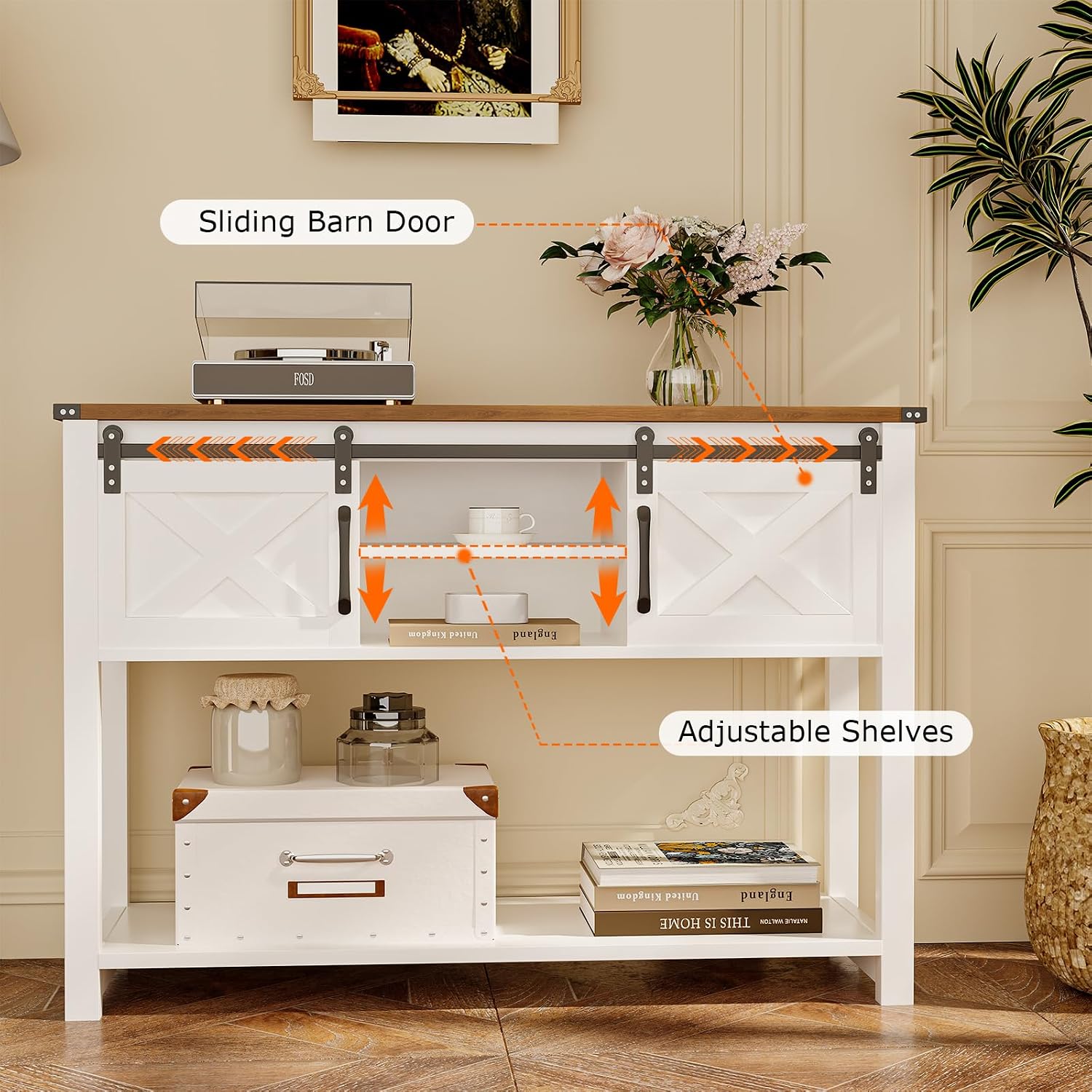 Farmhouse Entryway Table with LED Light, Sofa Table with Sliding Barn Door, Adjustable Open Shelves, 46' Rustic Console Table with Storage, Antique White Hallway for Living Room Bedroom