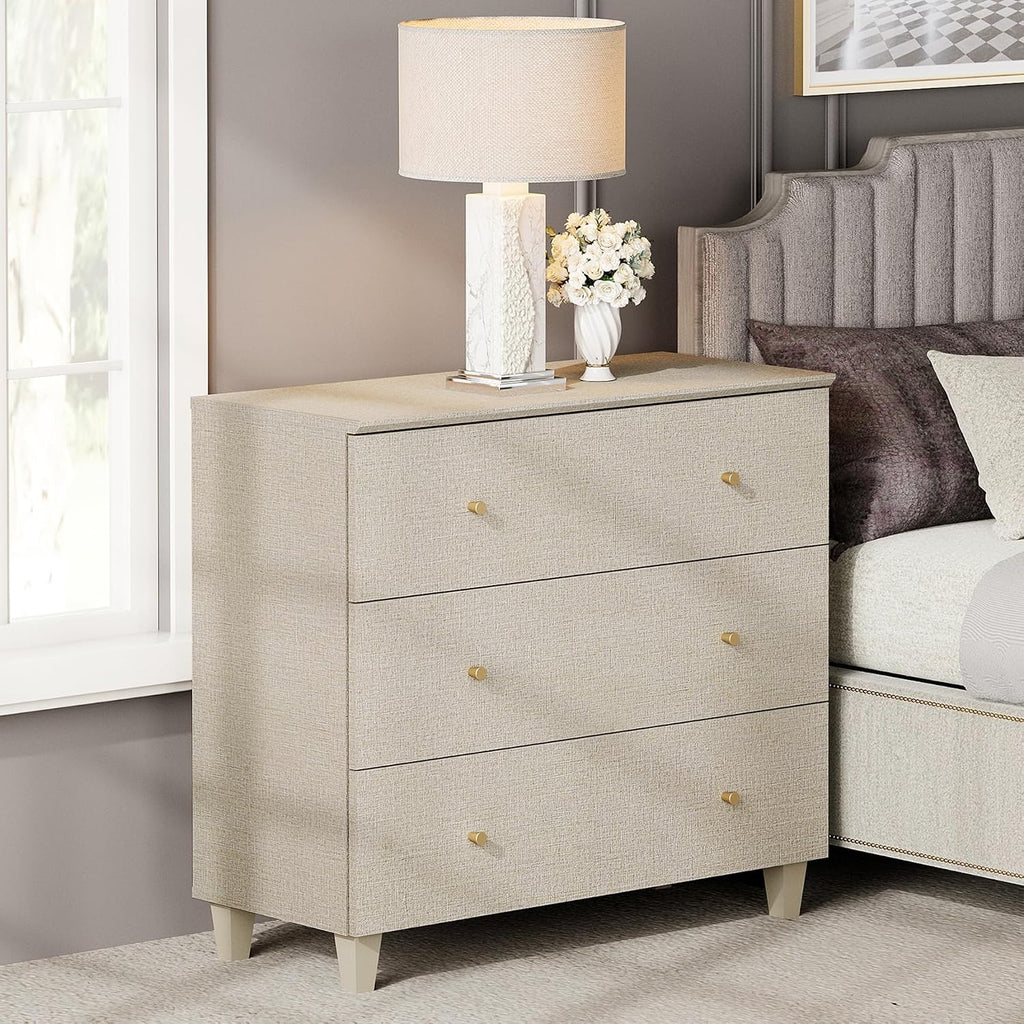 WAMPAT 3-Drawer Nightstand, Modern Wood Bedside Table with Wide Drawers, Large Storage Sofa Side End Table for Bedroom or Living Room, Beige Linen Textured, 35 Inches Wide