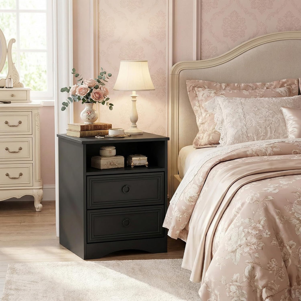 HolliWill Set of 2 Large Night Stand with Drawers, 17.7' W Nightstand with 2 Drawers, Accent Bed Side Table and End Table with Large Open Storage for Bedroom, Living Room,Black