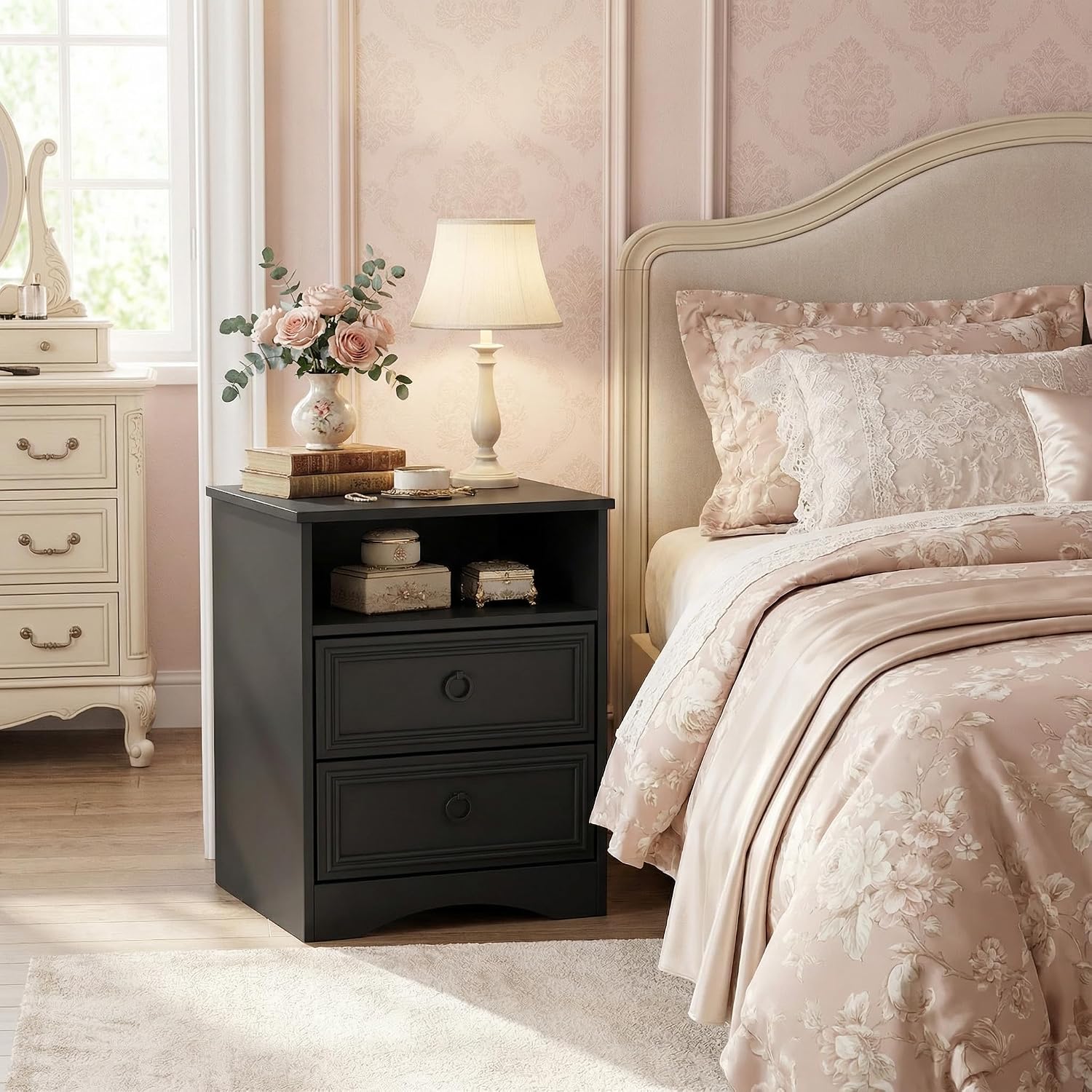 HolliWill Set of 2 Large Night Stand with Drawers, 17.7' W Nightstand with 2 Drawers, Accent Bed Side Table and End Table with Large Open Storage for Bedroom, Living Room,Black