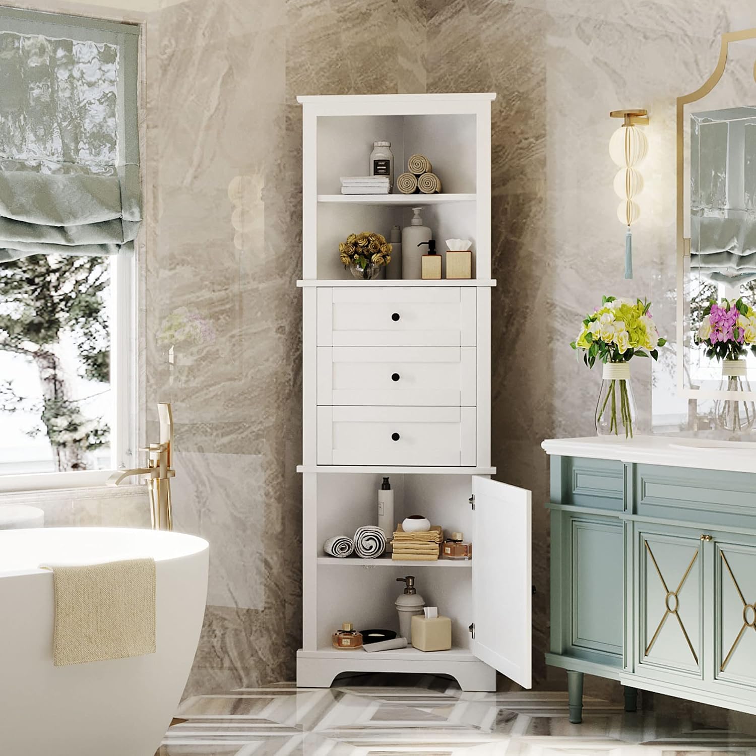 Corner Storage Cabinet with Adjustable Shelves, 68.9 in Tall | MDF, painted finish, adjustable shelves, corner fit, enclosed storage, bathroom, kitchen, 23 W x 13.4 D x 68.9 H in