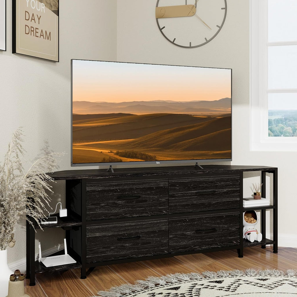 EXOTICA Corner TV Stand for 55 inch TV with Drawer and Charge Station Black Corner Entertainment Center for Living Room Modern Corner Console Table with 4 Open Storage Shelves Metal Frame