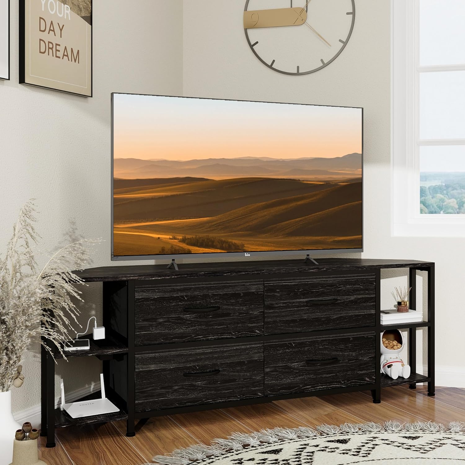 EXOTICA Corner TV Stand for 55 inch TV with Drawer and Charge Station Black Corner Entertainment Center for Living Room Modern Corner Console Table with 4 Open Storage Shelves Metal Frame