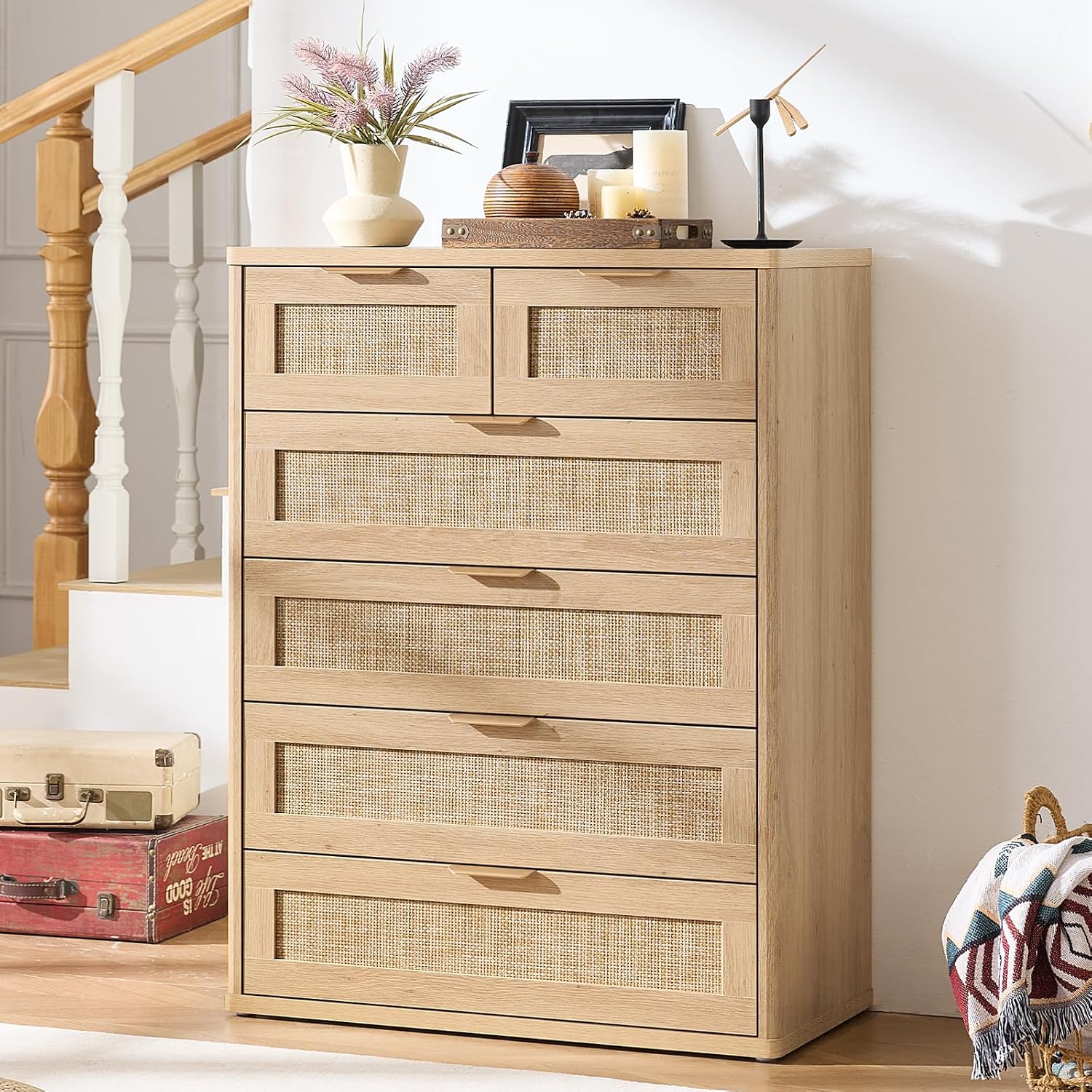 LEYAOYAO Rattan Dresser for Bedroom Set of 2, 41' Tall Chest of Drawers, Modern 6 Drawers Boho Dressers with Storage, Light Oak Dresser Wooden Closet Organizer for Living Room, Hallway, Natural Wood
