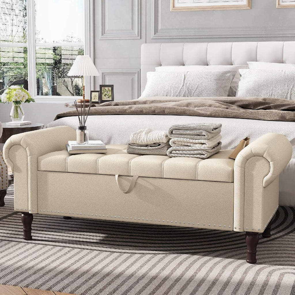 Apicizon 51' Bench with Storage, Faux Leather Ottoman Bench with Rolled Arm & Vintage Rivets, End of Bed Bench for Bedroom, Living Room, Entryway, Beige+Brown Legs